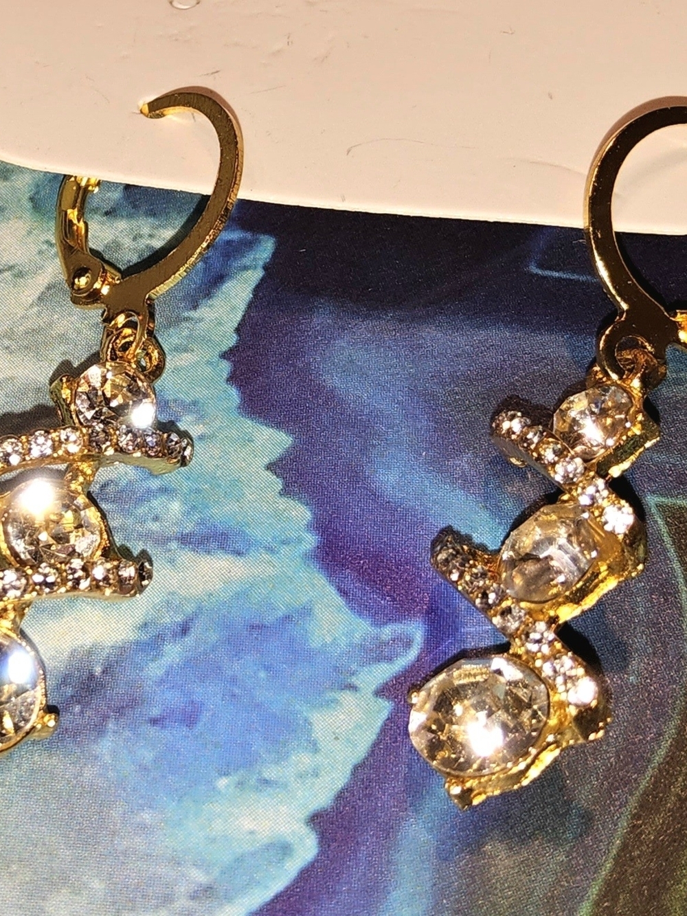 Gold Rhinestone Wave Dangle Earrings – Leverback Drop - Picture 4 of 4